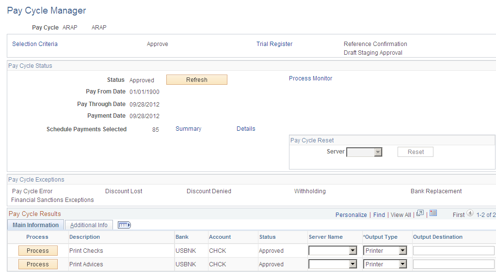 Pay Cycle Manager page after processing payment selection and creation and before processing output processes