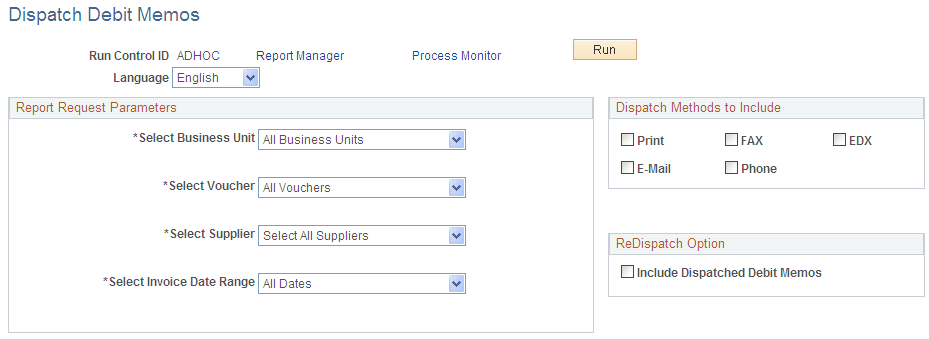 Dispatch Debit Memos page