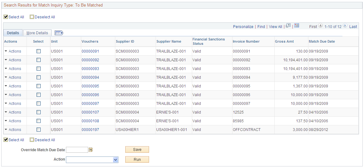 Match Workbench page - To Be Matched selection (2 of 2)