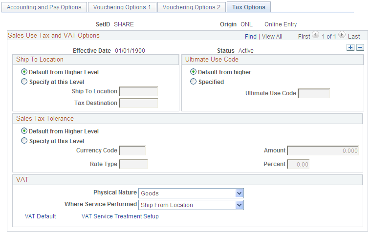 Voucher Origin - Tax Options page