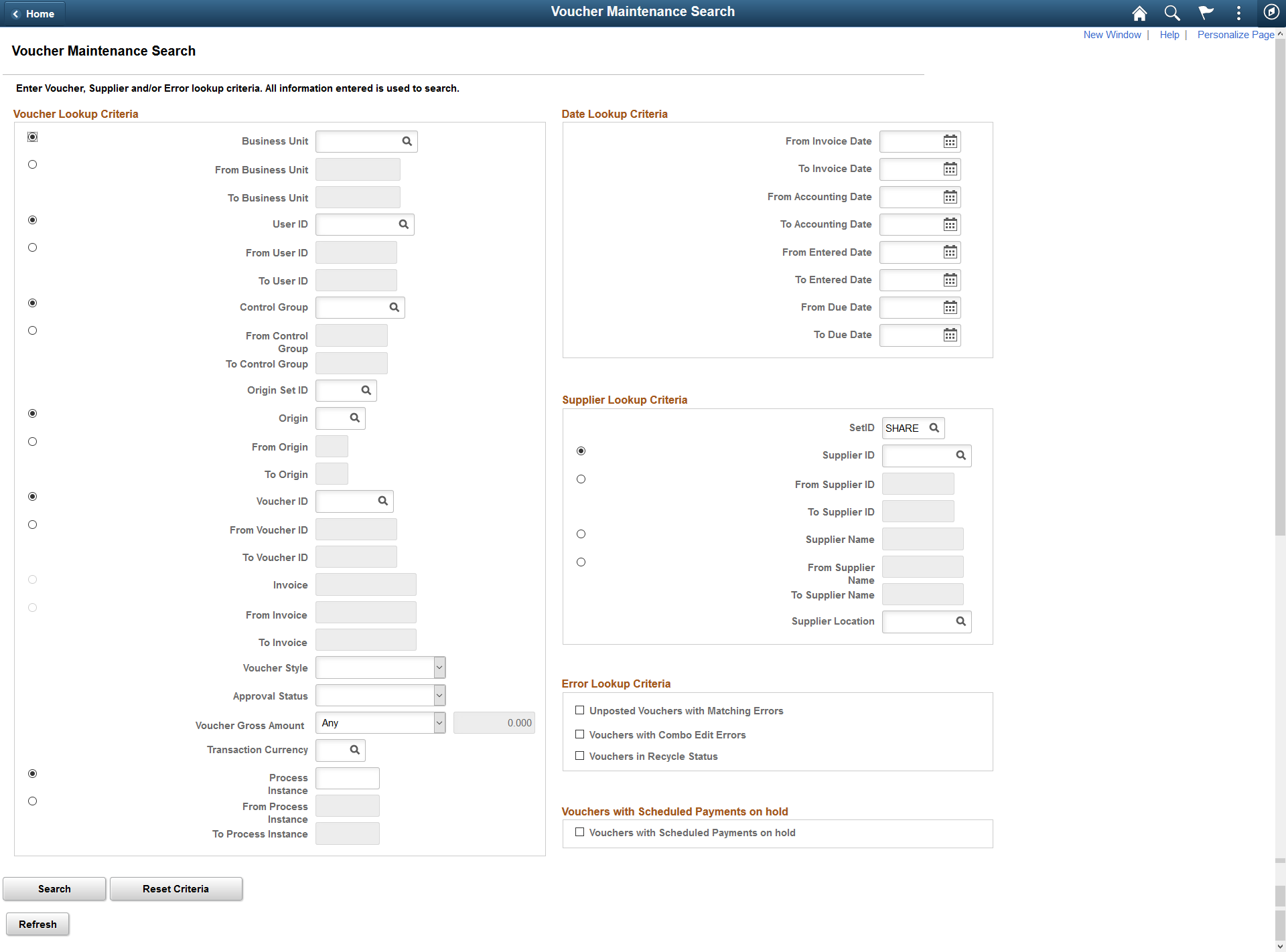 Voucher Maintenance Search page