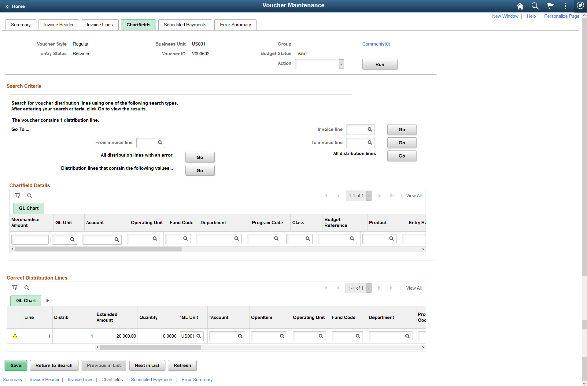 Voucher Maintenance - ChartFields page