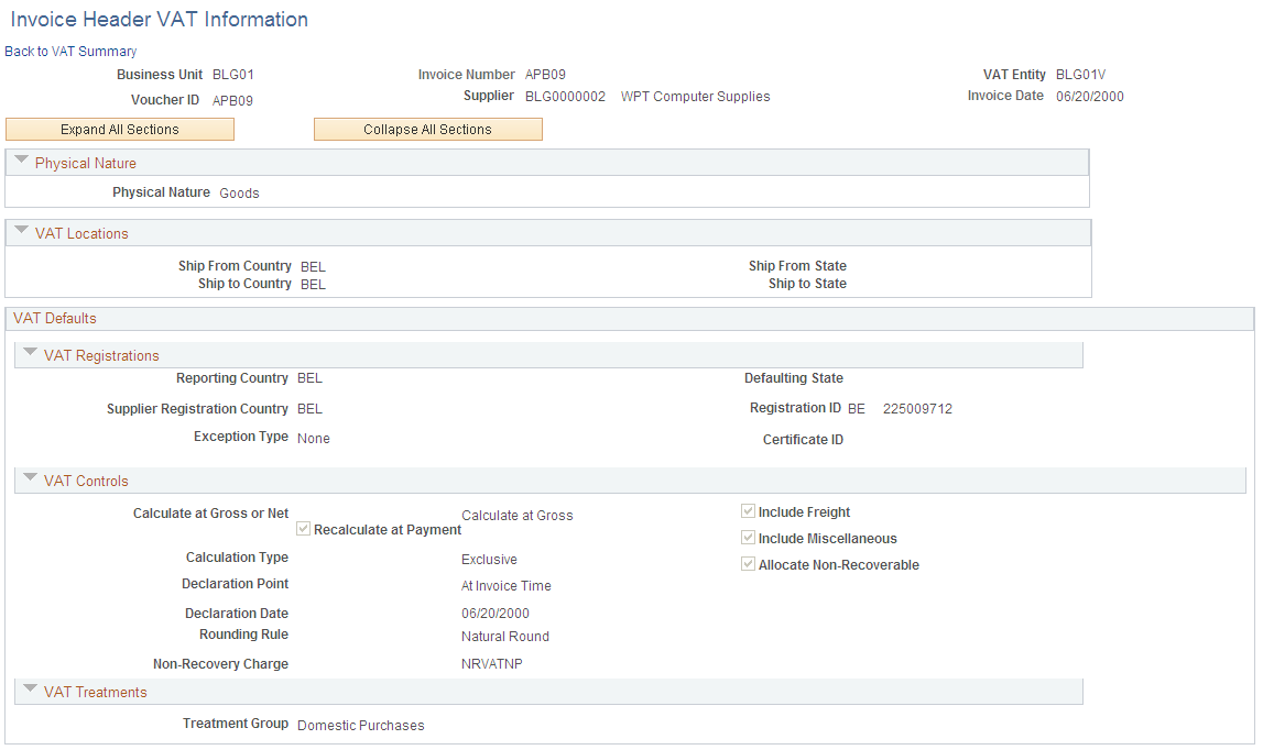 Invoice Header VAT Information page