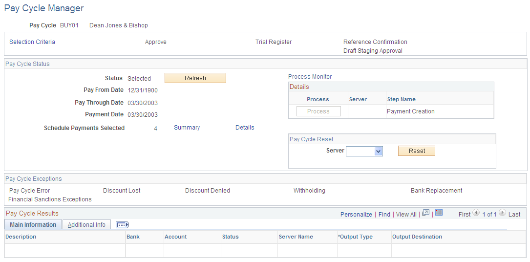 Pay Cycle Manager page before processing payment selection and creation