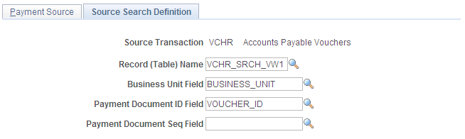 Source Search Definition page