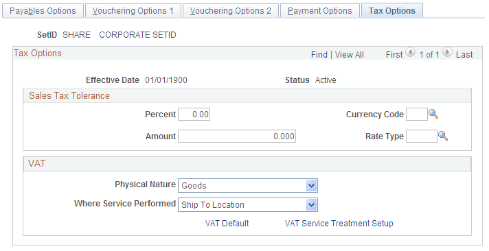 Payables Options - Tax Options page