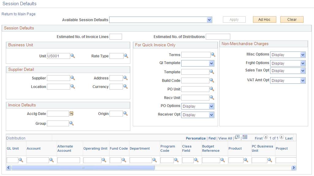 Session Defaults page