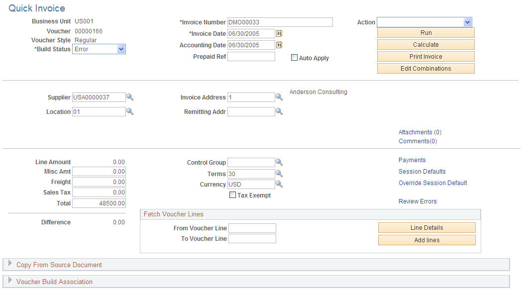 Quick Invoice page for a complete worksheet in update/display mode, before inserting or fetching voucher lines