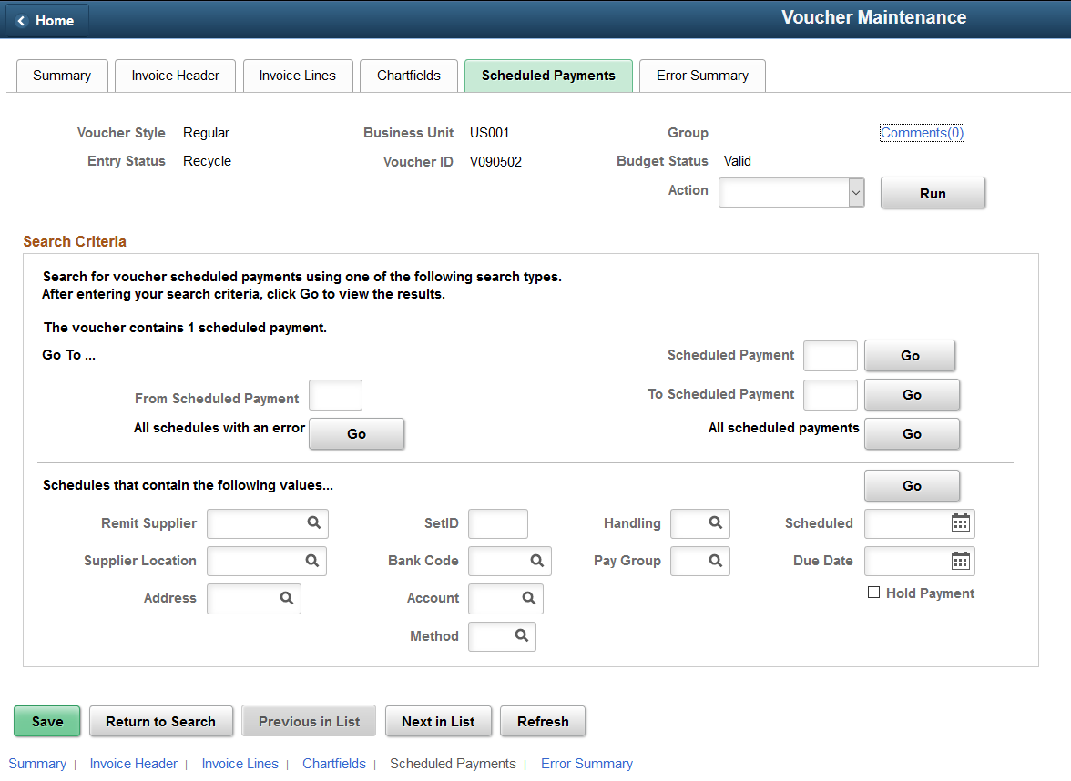 Voucher Maintenance - Scheduled Payments page