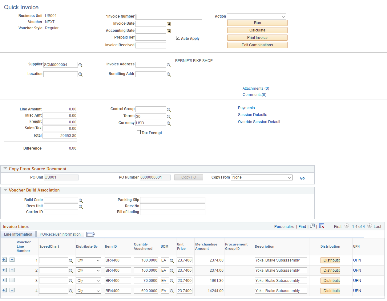 Quick Invoice page for complete worksheets