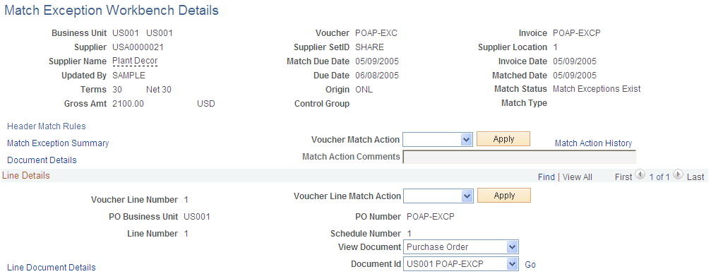 Match Exception Workbench Details page (1 of 2)