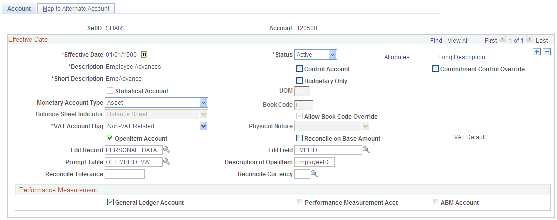 Account page, showing account definition for an OpenItem account