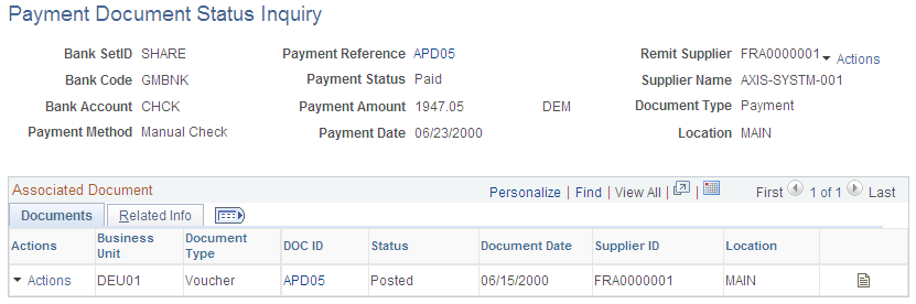 Payment Document Status Inquiry page