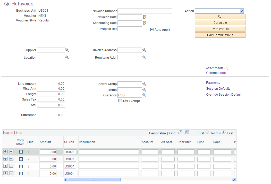 Quick Invoice page for simple worksheets