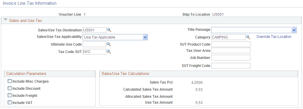 Invoice Line Tax Information page