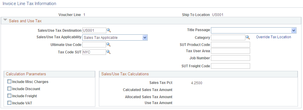 Invoice Line Tax Information page with Taxware