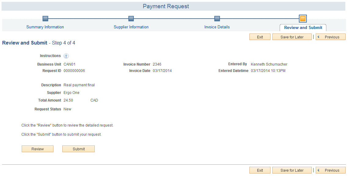 Payment Request - Review and Submit page