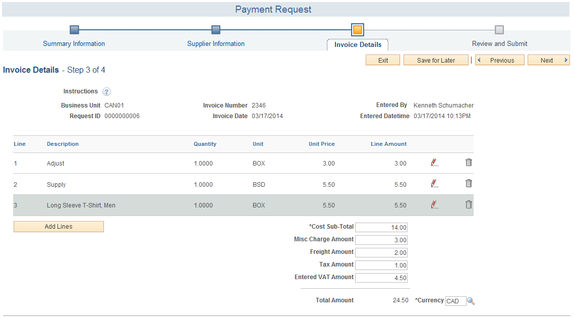 Payment Request - Invoice Details page