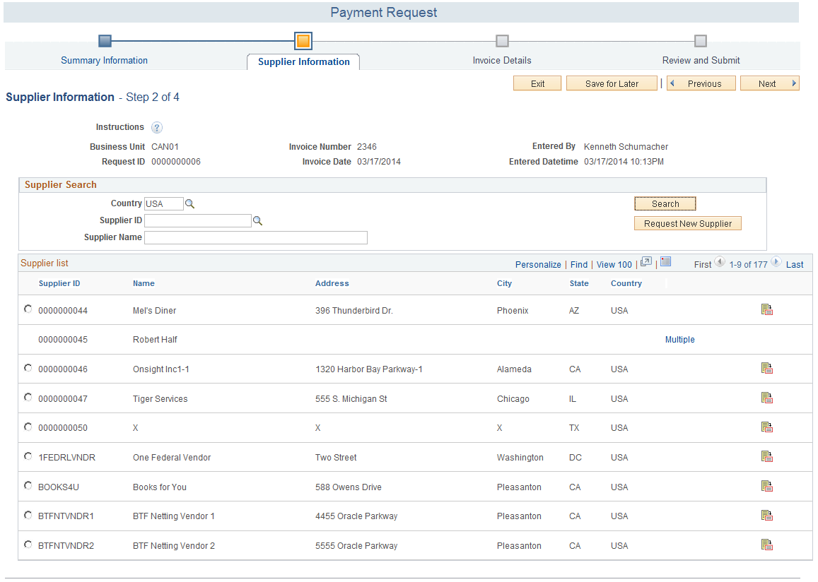 Payment Request - Supplier Information page
