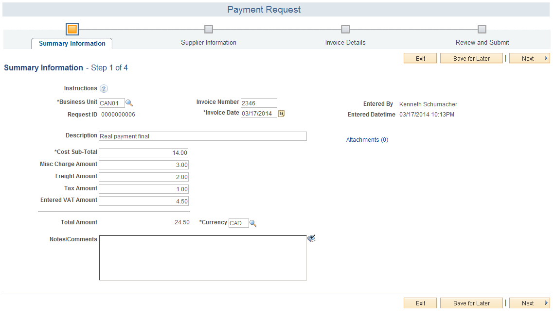 Payment Request - Summary Information page