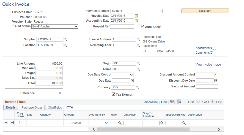 Quick Invoice page - Imaging Invoice