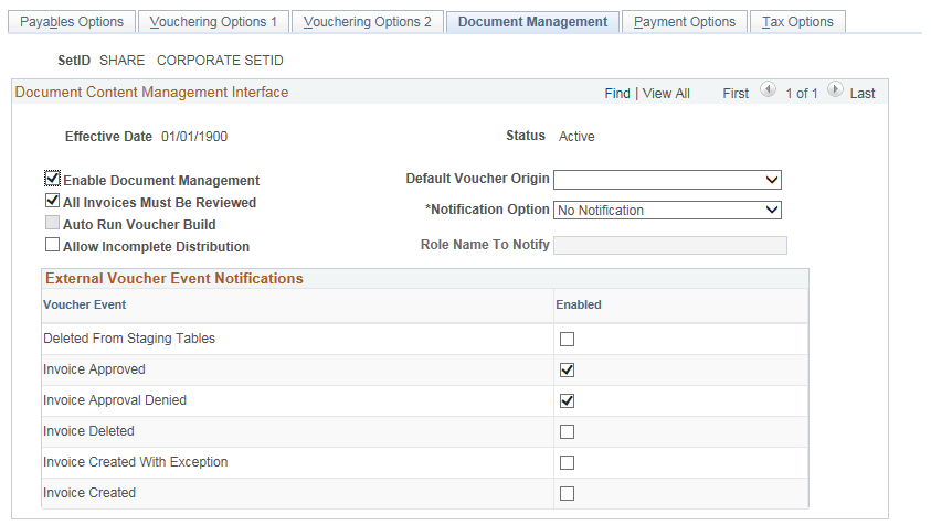 Payables Options - Document Management page