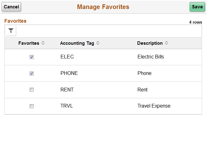 Manage Favorites page