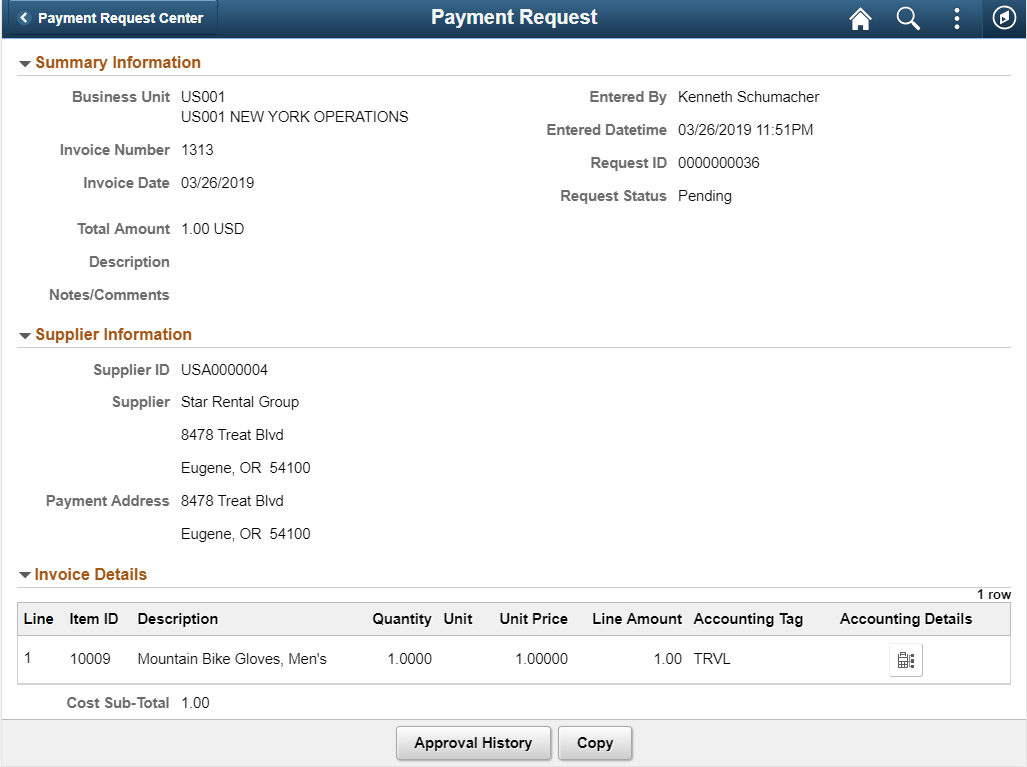 Payment Request Details page - Tablet