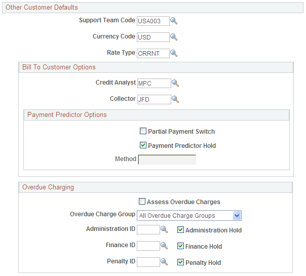Service Default Values page for Pension Administration customers (2 of 2)