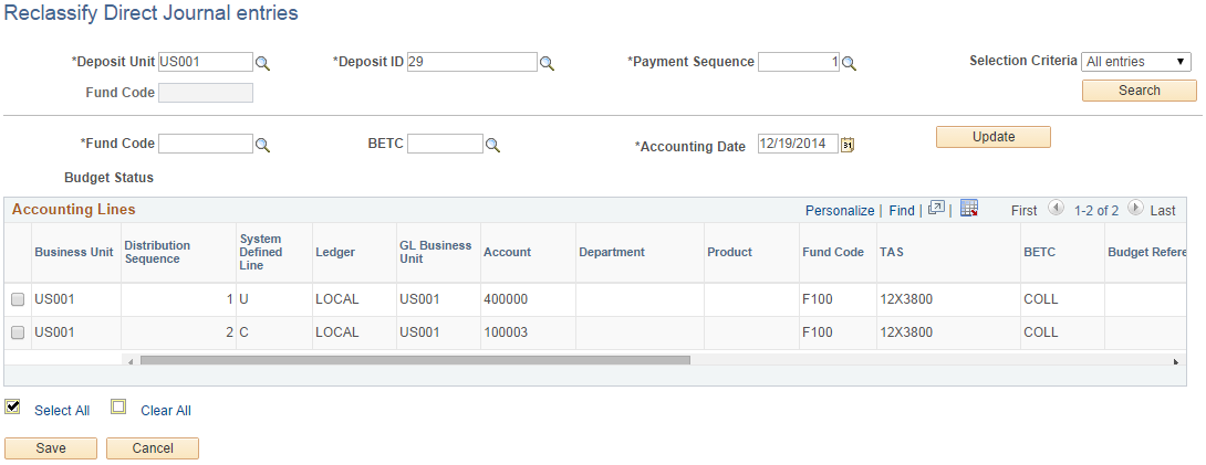 Reclassify Direct Journal entries page