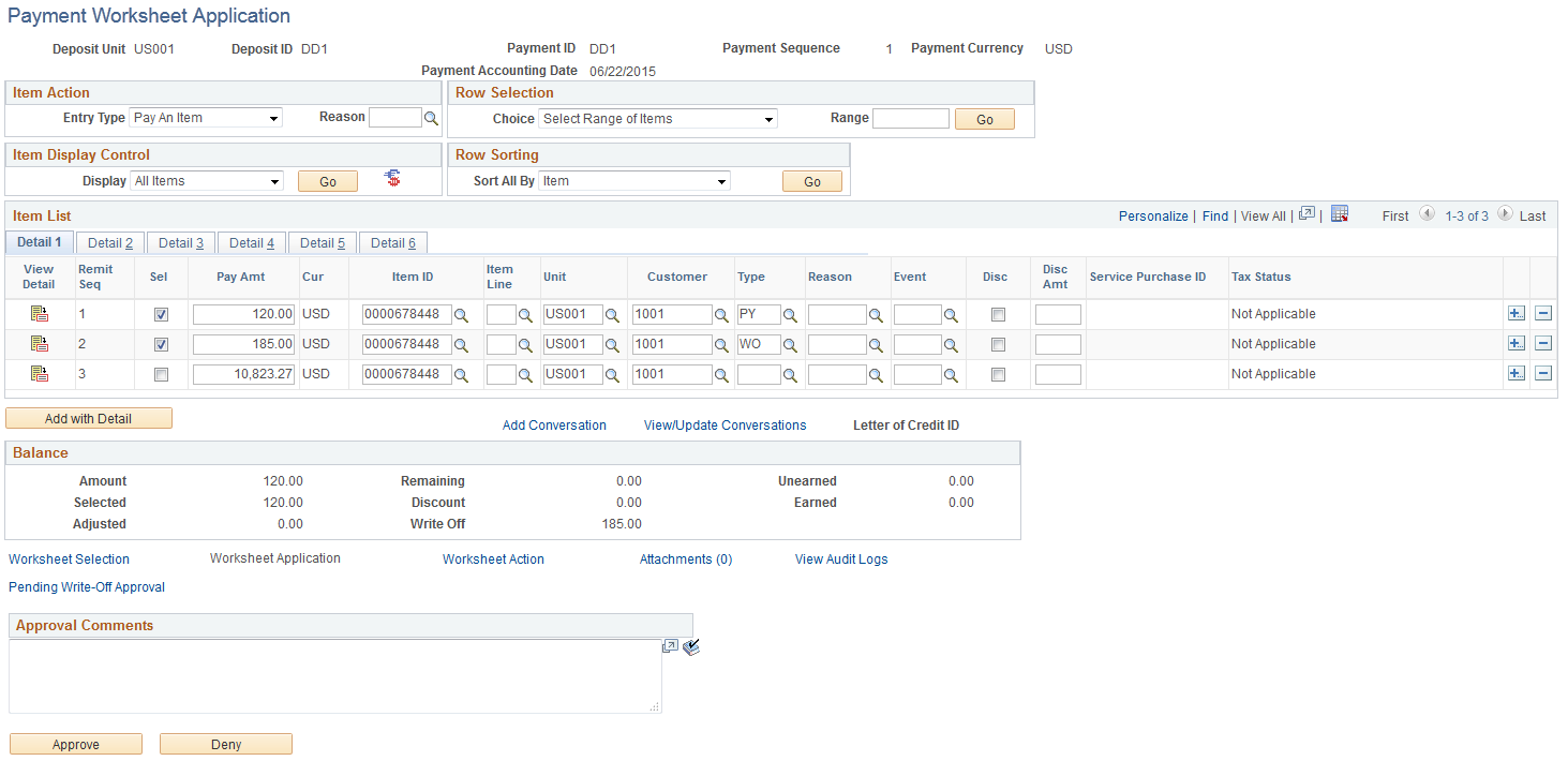 Payment Worksheet Application page with Approve and Deny action buttons