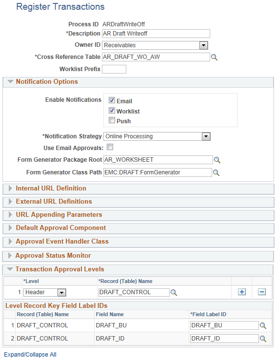 Example of Register Transactions page for AR Draft Write-Off processing