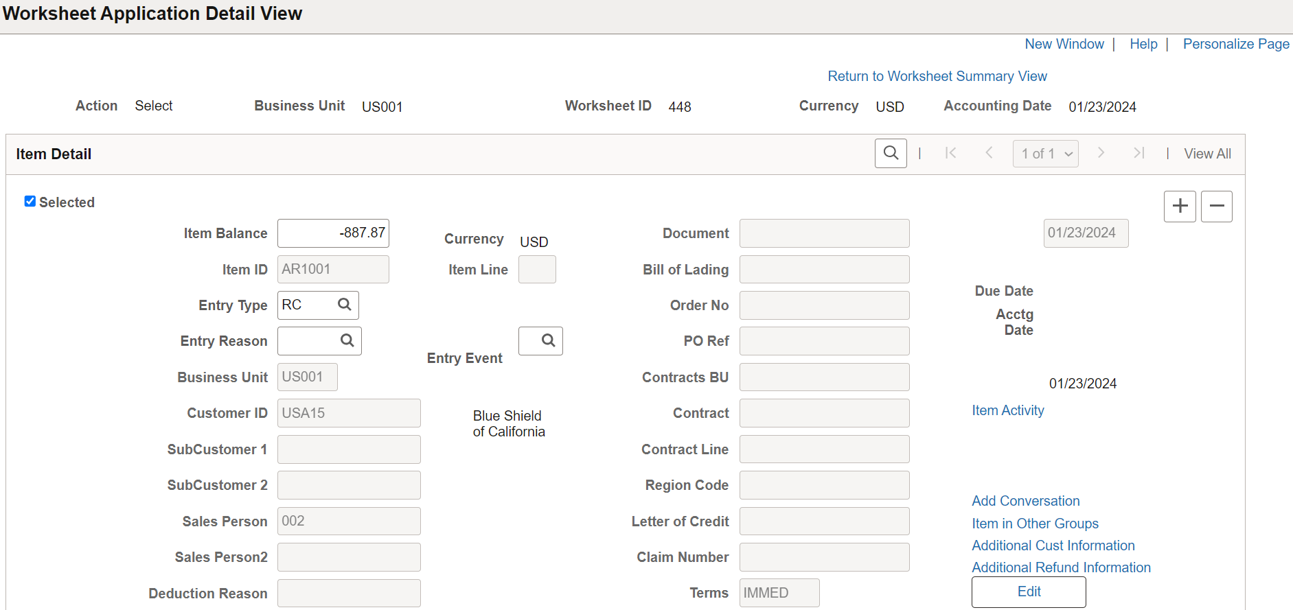 Worksheet Application Detail View page (1 of 2)