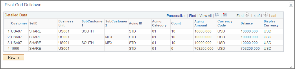Customer Aging pagelet - Pivot Grid Drilldown page