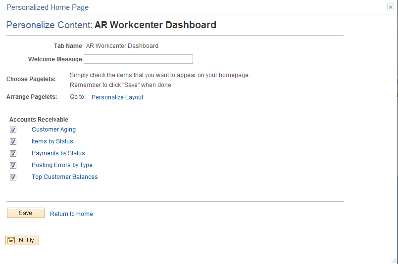 Personalize Content: AR Workcenter Dashboard page