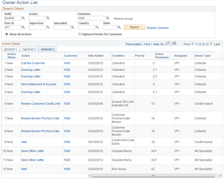 Owner Action List page - General 3 tab