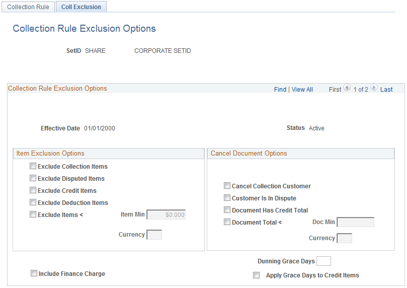 Collection Rule Exclusion Options page