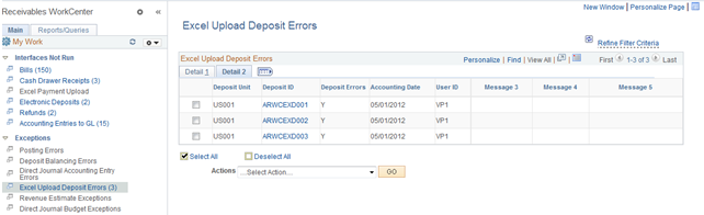 Excel Upload Deposit Errors page - Detail 2 tab
