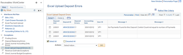 Excel Upload Deposit Errors page - Detail 1 tab