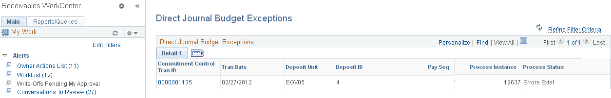 Direct Journal Budget Exceptions page - Detail 1 tab