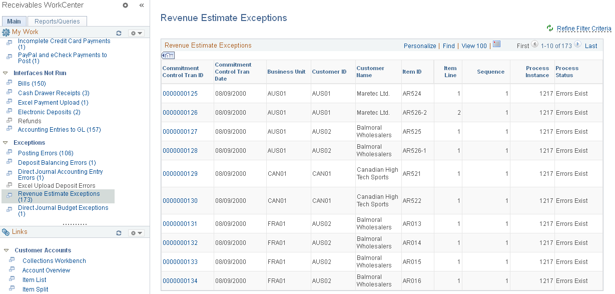 Revenue Estimate Exceptions page