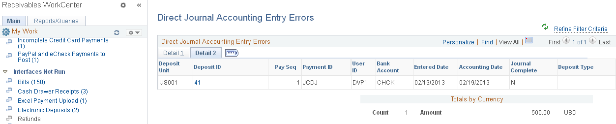 Direct Journal Accounting Entry Errors page - Detail 2 tab