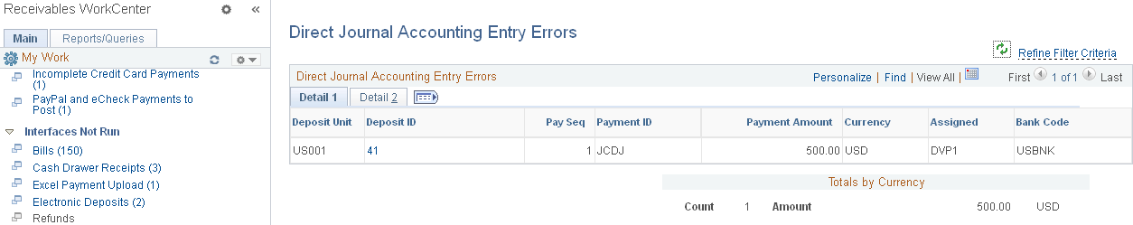 Direct Journal Accounting Entry Errors page - Detail 1 tab