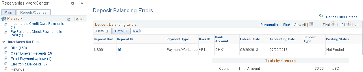 Deposit Balancing Errors page - Detail 2 tab