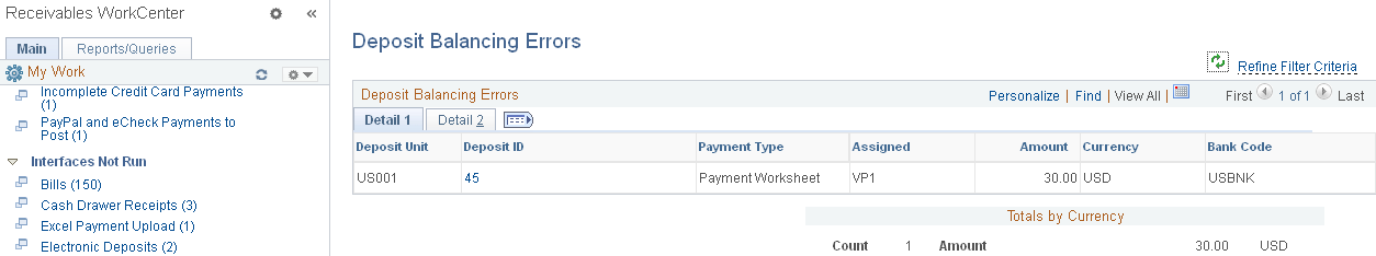 Deposit Balancing Errors page - Detail 1 tab