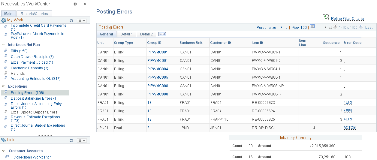 Posting Errors page - General tab