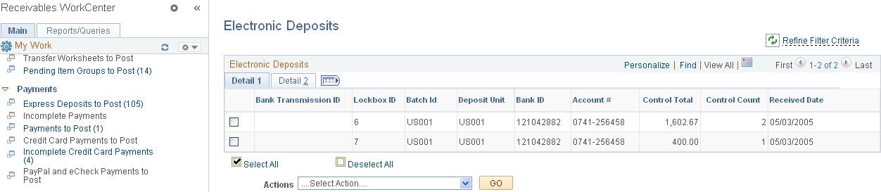 Electronic Deposits page - Detail 1 tab