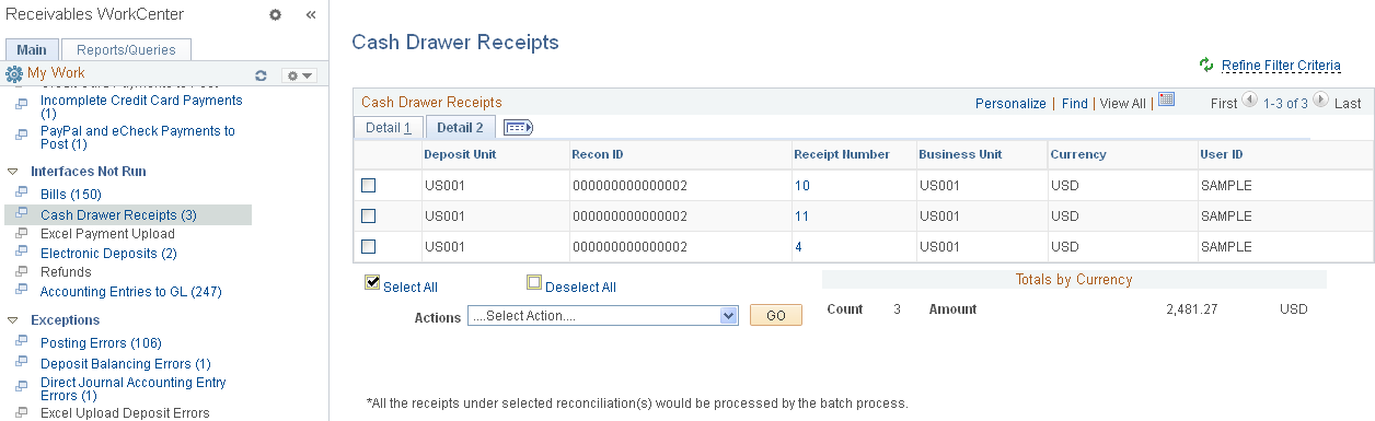 Cash Drawer Receipts page - Detail 2 tab