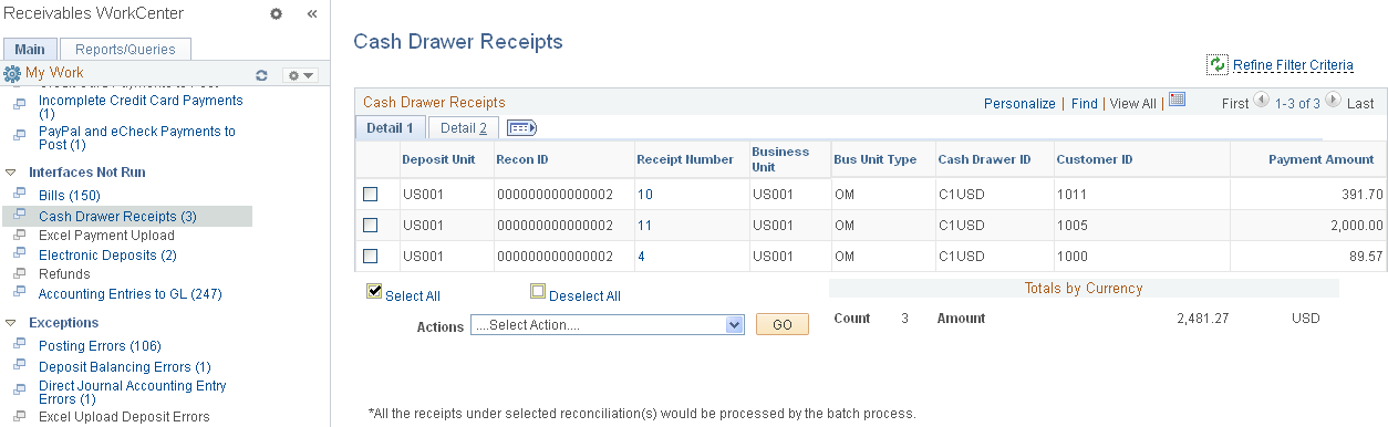 Cash Drawer Receipts page - Detail 1 tab