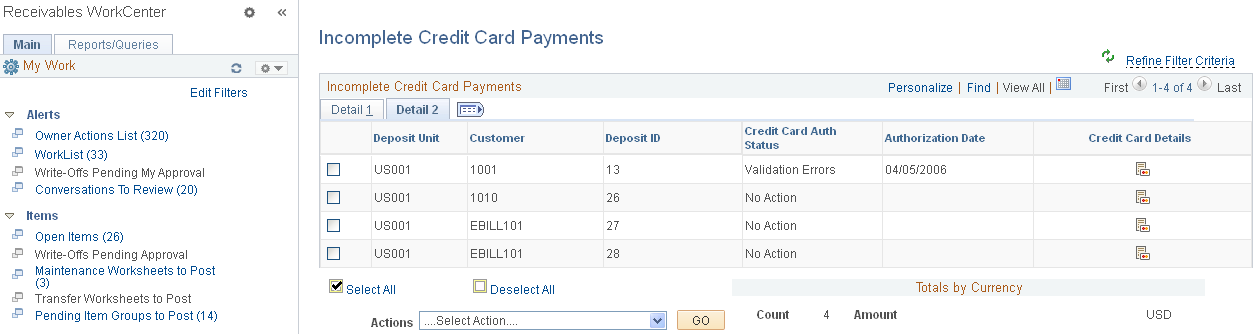 Incomplete Credit Card Payments page - Detail 2 tab